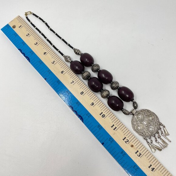 Handcrafted Boho Necklace Silver Tone Mandela Pendant Beaded Gypsy Ethnic‎ - Picture 12 of 14